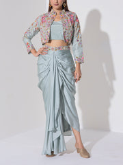 Ice Blue Embridered Draped Jacket Set