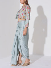 Ice Blue Embridered Draped Jacket Set