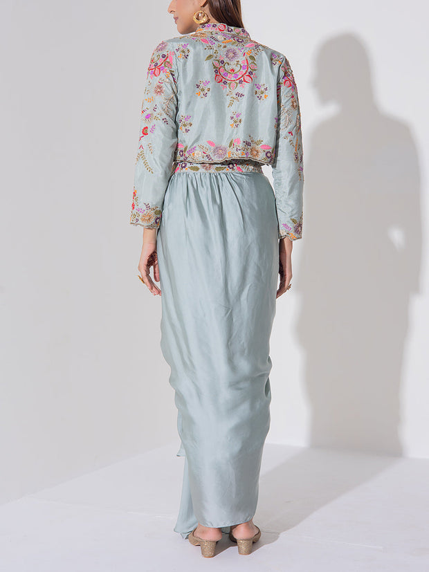 Ice Blue Embridered Draped Jacket Set