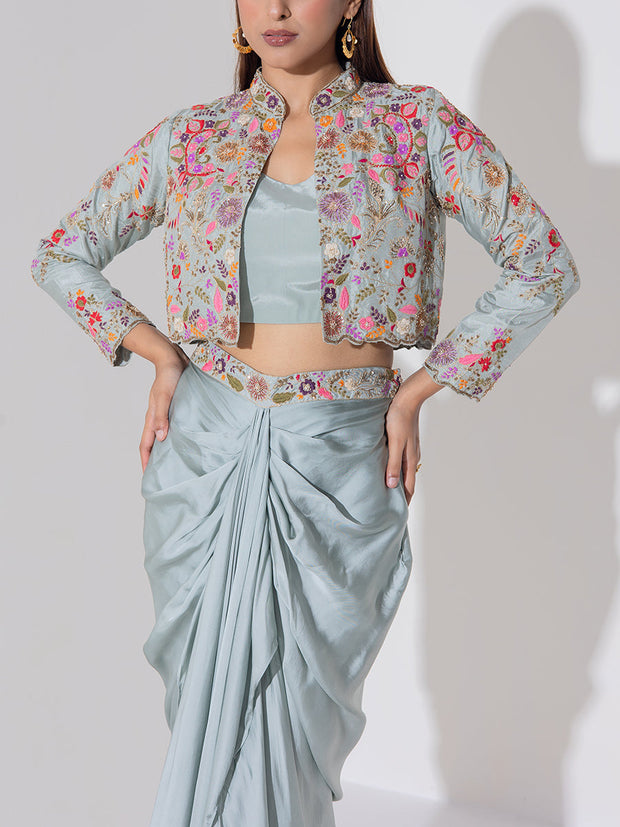 Ice Blue Embridered Draped Jacket Set