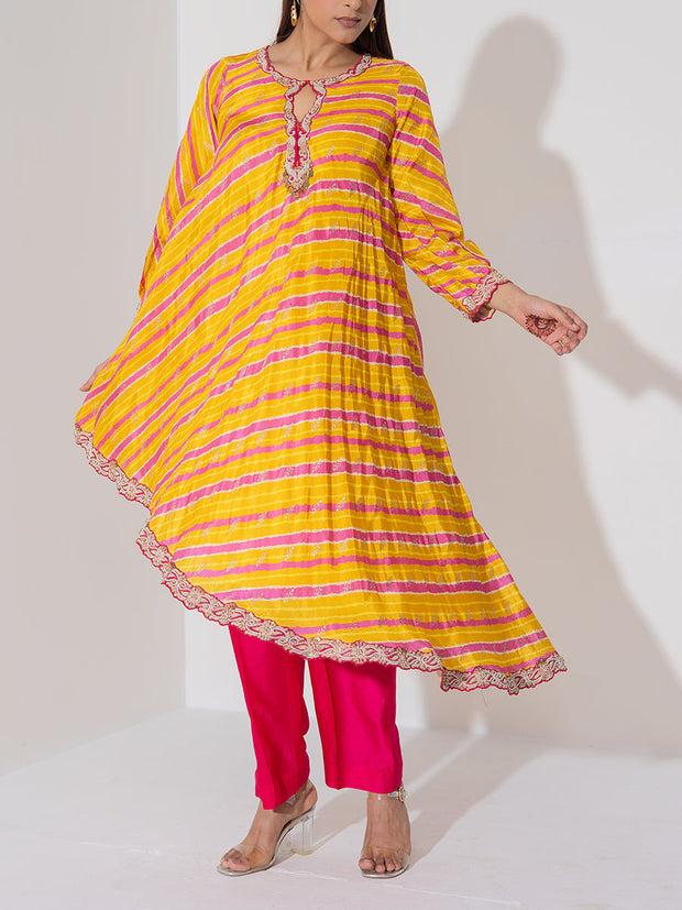 Yellow and Pink Leheriya Kurta and Pant Set