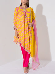 Yellow and Pink Leheriya Kurta and Pant Set