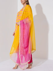 Yellow and Pink Leheriya Kurta and Pant Set