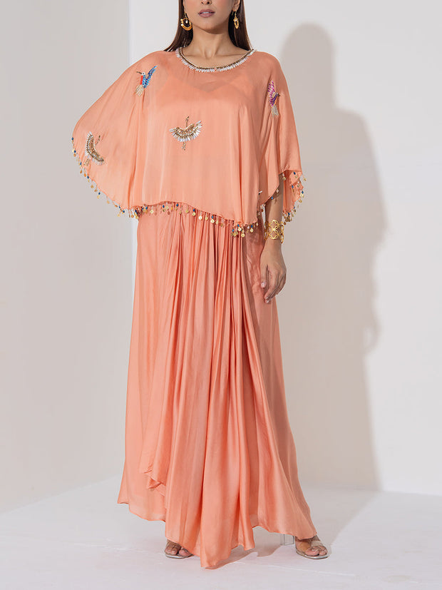 Peach Embroiered Cape and Skirt Set