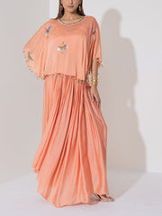 Peach Embroiered Cape and Skirt Set