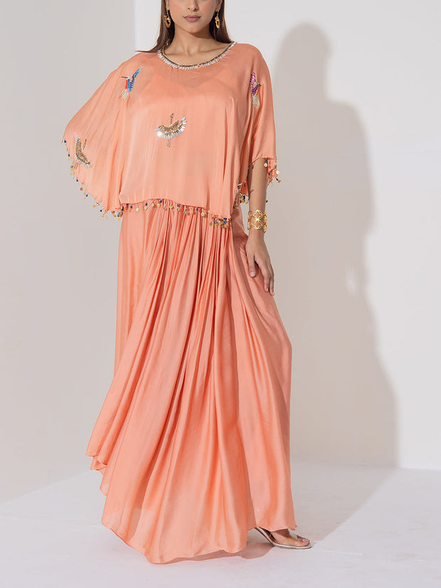 Peach Embroiered Cape and Skirt Set