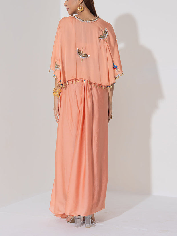 Peach Embroiered Cape and Skirt Set