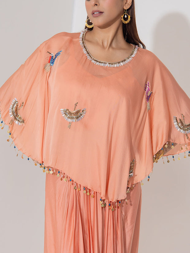Peach Embroiered Cape and Skirt Set