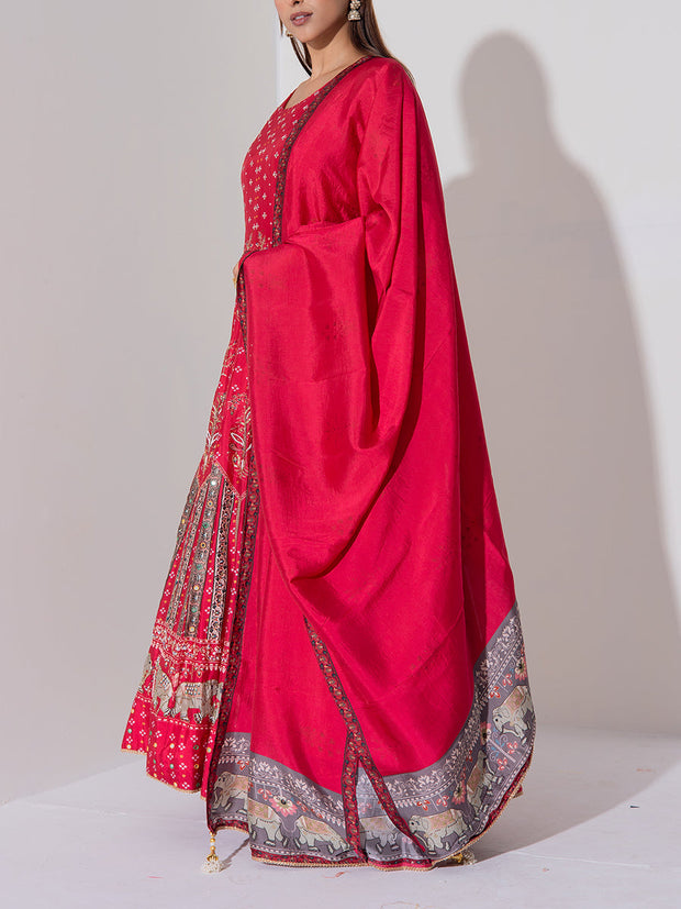 Red Vasansi Silk Printed Anarkali