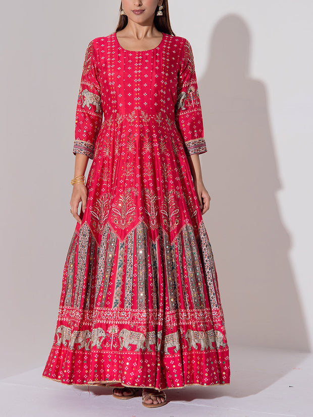 Red Vasansi Silk Printed Anarkali