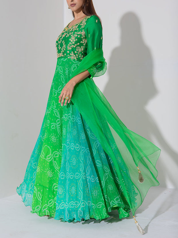 Green Shaded Bandhani Anarkali