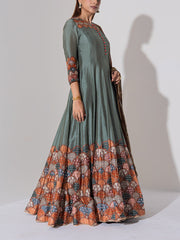Grey Vasansi Silk Printed Anarkali