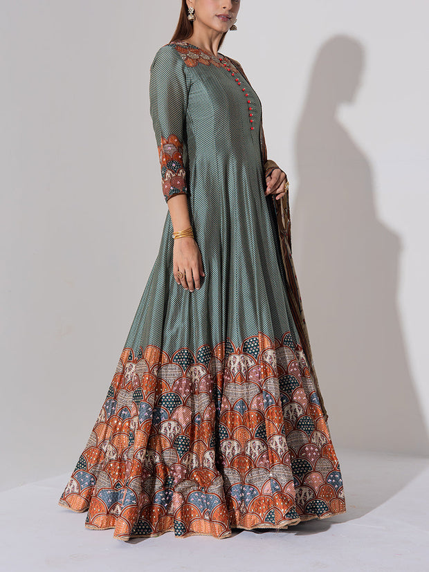 Grey Vasansi Silk Printed Anarkali