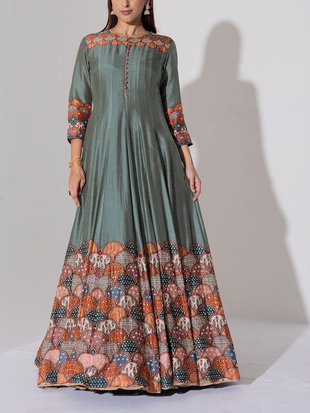 Grey Vasansi Silk Printed Anarkali