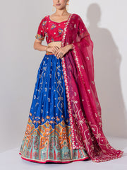 Red and Blue Vasansi Silk Embroidered Lehenga Set