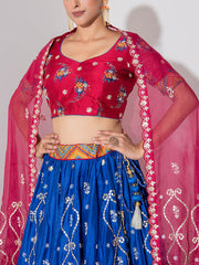 Red and Blue Vasansi Silk Embroidered Lehenga Set