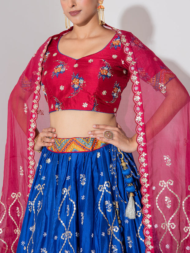 Red and Blue Vasansi Silk Embroidered Lehenga Set