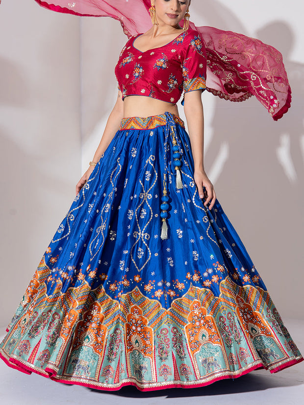 Red and Blue Vasansi Silk Embroidered Lehenga Set