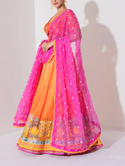 Orange and Pink Vasansi Silk Embroidered Lehenga Set
