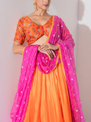 Orange and Pink Vasansi Silk Embroidered Lehenga Set