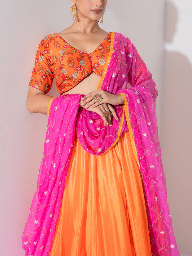 Orange and Pink Vasansi Silk Embroidered Lehenga Set