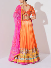 Orange and Pink Vasansi Silk Embroidered Lehenga Set