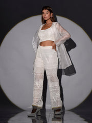 White Organza Top with Jacket and Pant Set