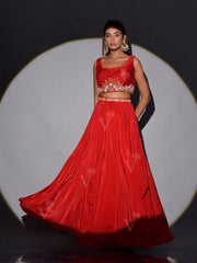 Red Organza Embroidered Crop Top with Jacket and Skirt set