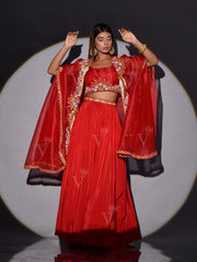 Red Organza Embroidered Crop Top with Jacket and Skirt set