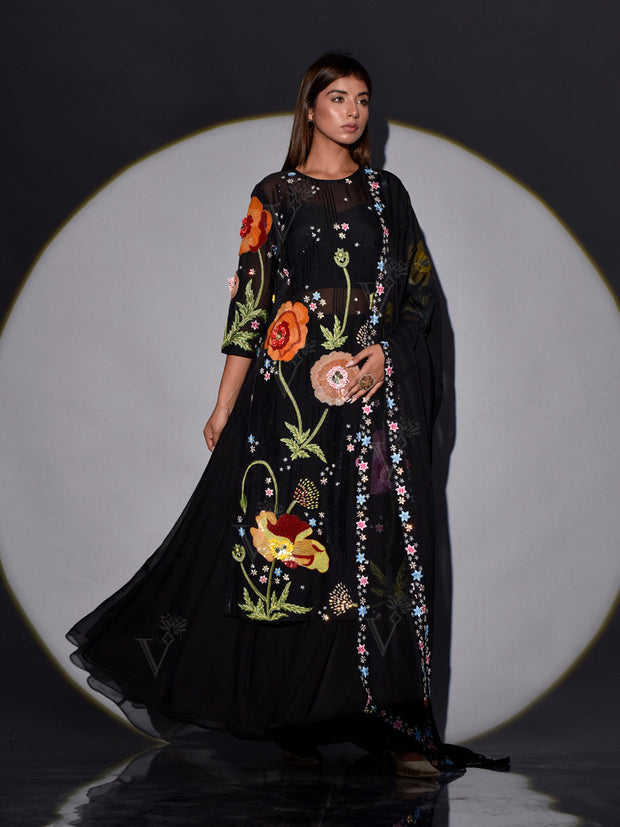 Black Georgette Embroidered Kurta and Skirt Set