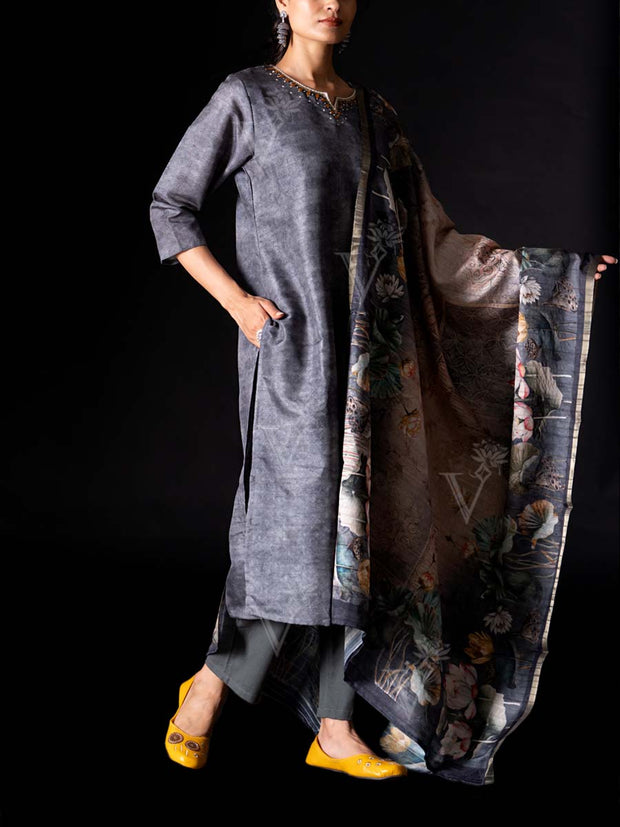 Grey Cotton Silk Suit Set