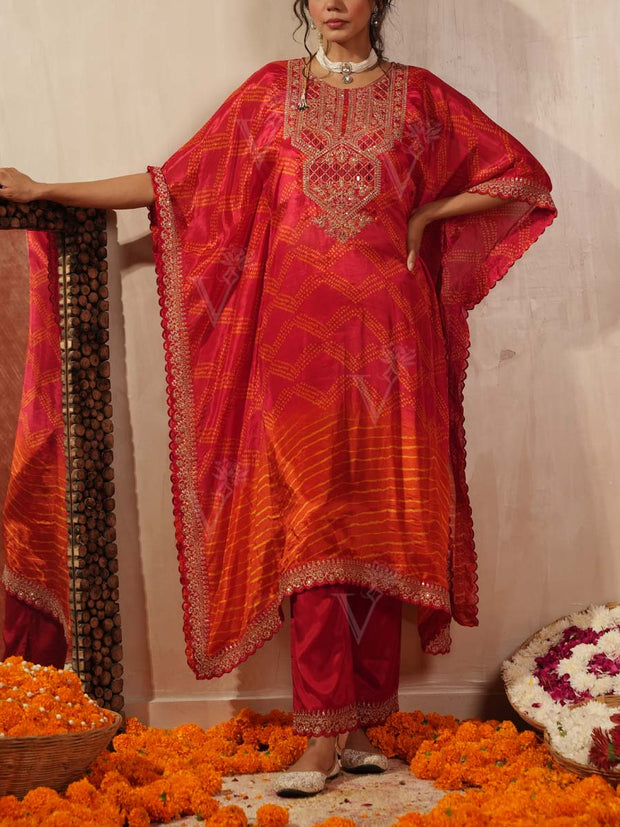 Red Cotton Silk Kaftan Set