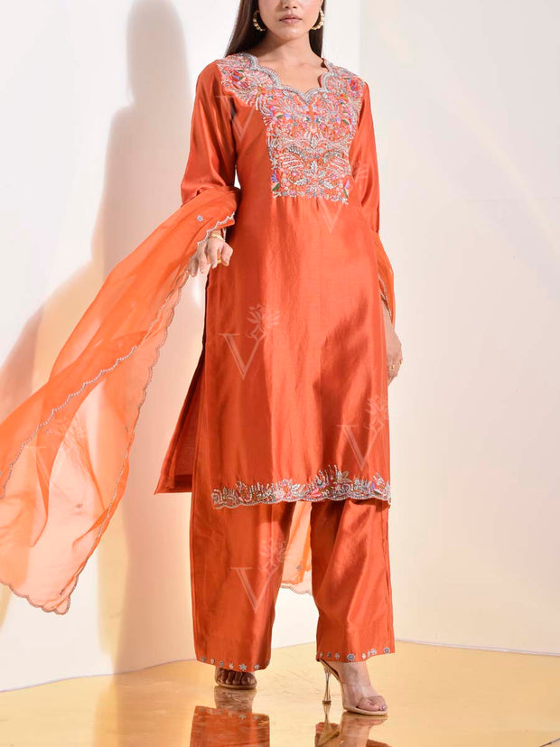 Orange Embroidered Organza Suit Set