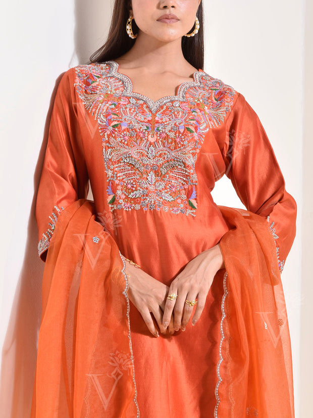 Orange Embroidered Organza Suit Set