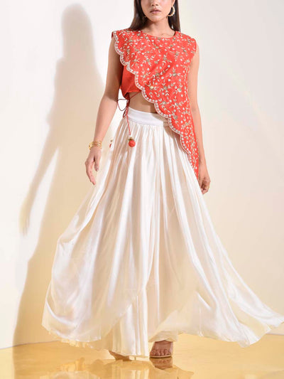 Red Silk Embroidered Top and Skirt Set