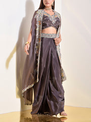 Brown Embroidered Organza Cape Set