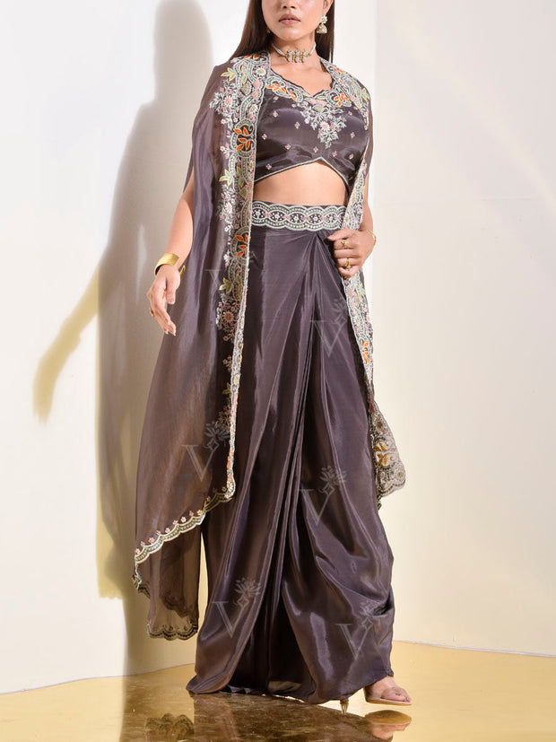 Brown Embroidered Organza Cape Set