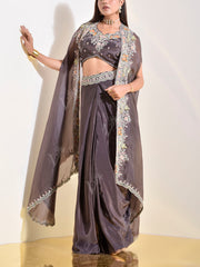 Brown Embroidered Organza Cape Set