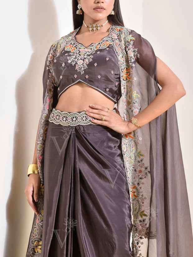 Brown Embroidered Organza Cape Set