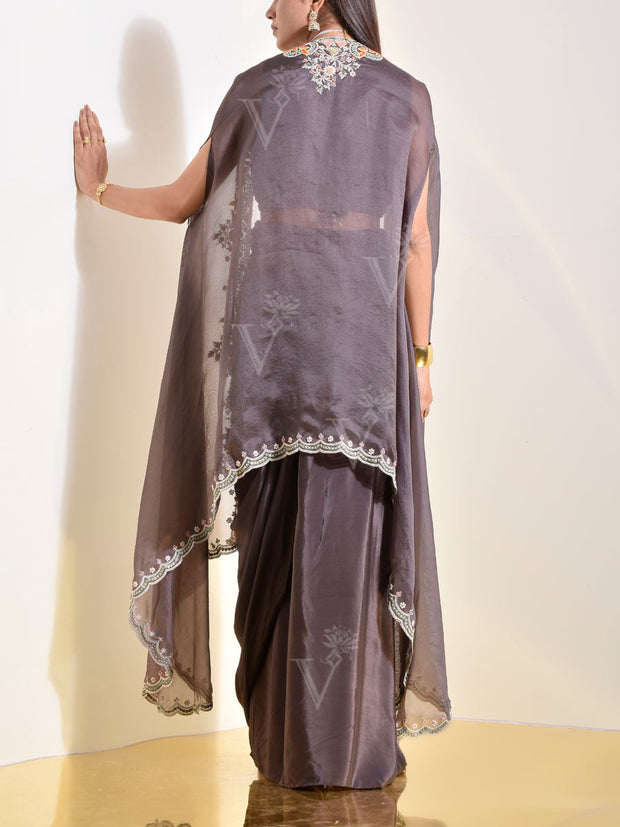 Brown Embroidered Organza Cape Set