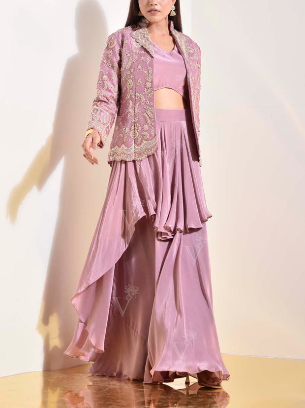 Onion Pink Satin Embroidered Jacket and Skirt Set