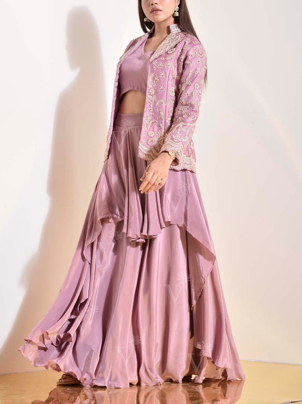 Onion Pink Satin Embroidered Jacket and Skirt Set