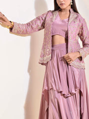 Onion Pink Satin Embroidered Jacket and Skirt Set