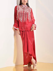 Red Organza Embroidered Shirt and Drape Skirt Set