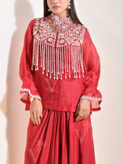 Red Organza Embroidered Shirt and Drape Skirt Set