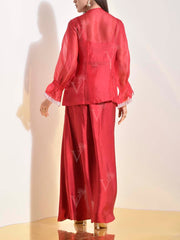 Red Organza Embroidered Shirt and Drape Skirt Set