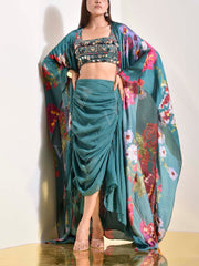 Green Satin Silk Printed Jacket and Skirt Set