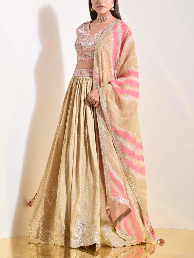 Beige and Pink Silk Lehenga Set