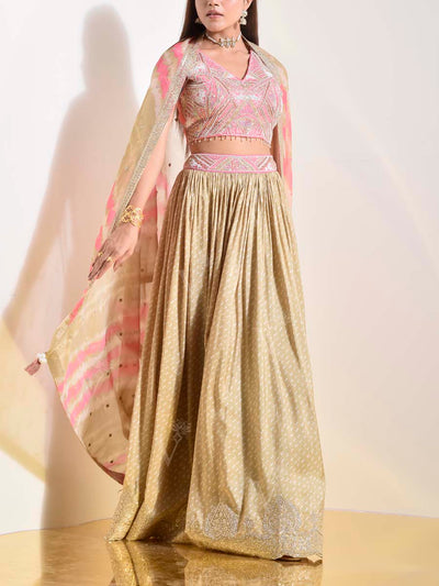 Beige and Pink Silk Lehenga Set