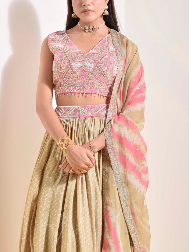 Beige and Pink Silk Lehenga Set